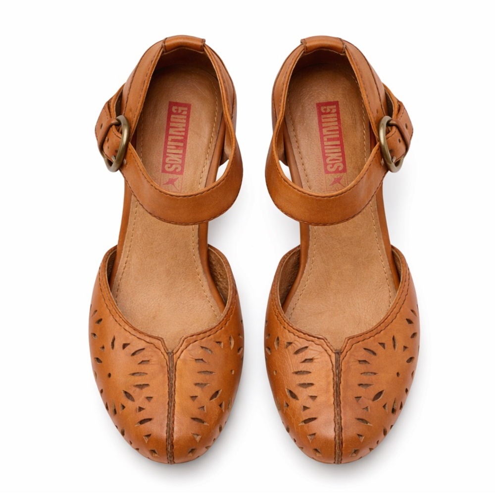 PIKOLINOS Spain Leather Comfort Heels Brown Cut-Out Ankle Strap Boho Pumps EU 37